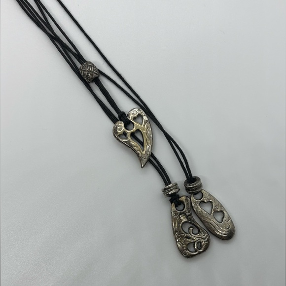 Vintage Multi Strand Cord Necklace - Black Silver Heart Drop - Picture 5 of 7